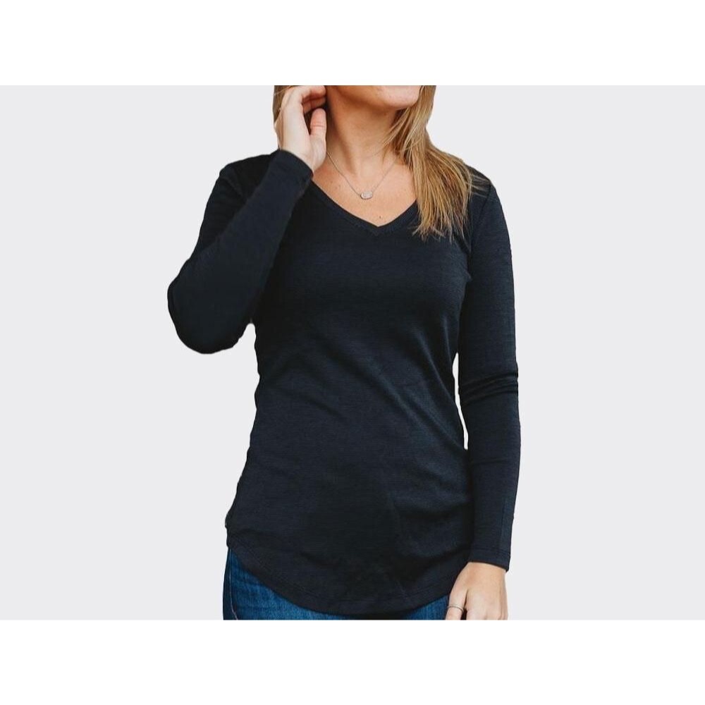 WOOLX Eva Tunic V-Neck Carbon Stripe 100% Merino Wool Cold Weather Mid Weight M